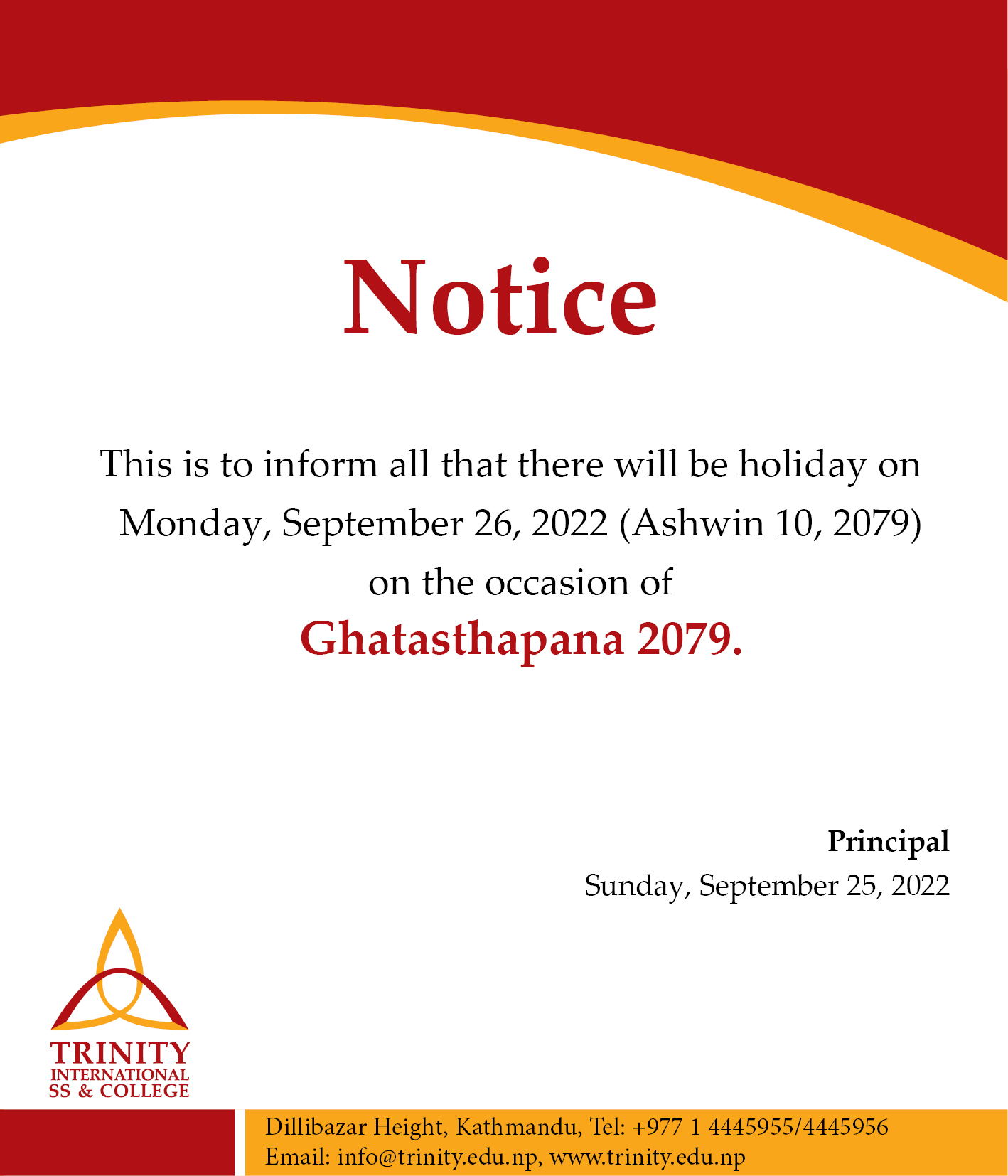 Holiday Notice - Gatasthapana 2079