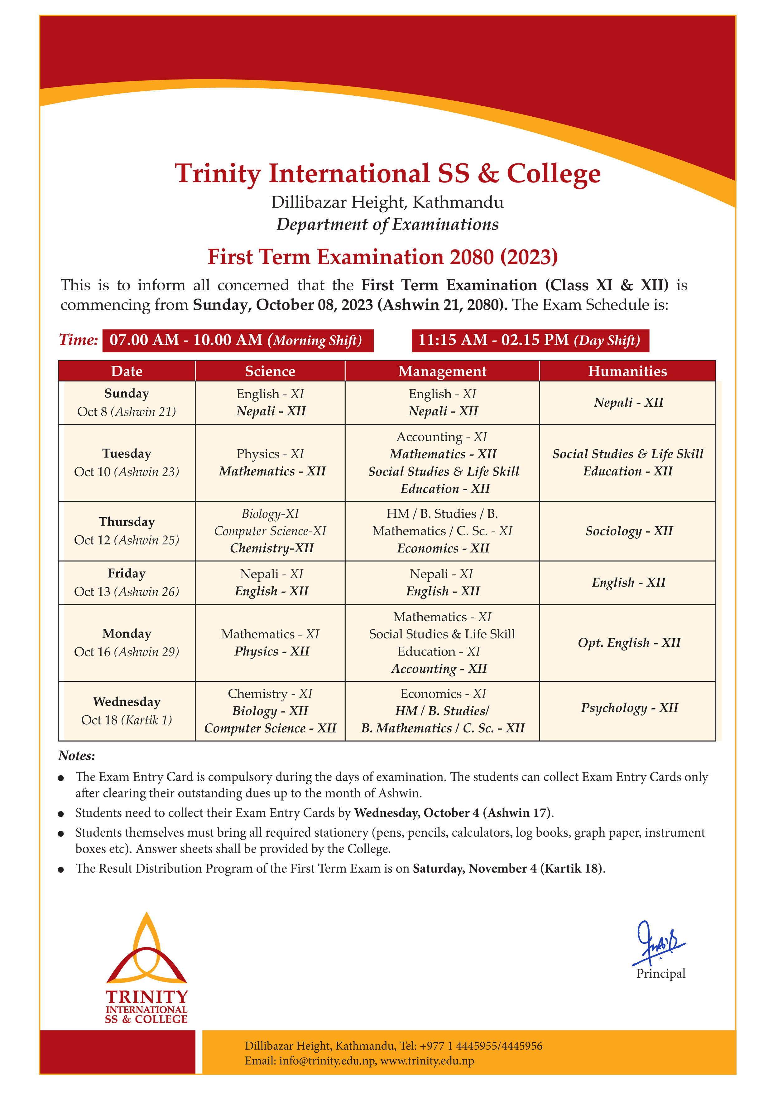 First Term Examination Routine 2080