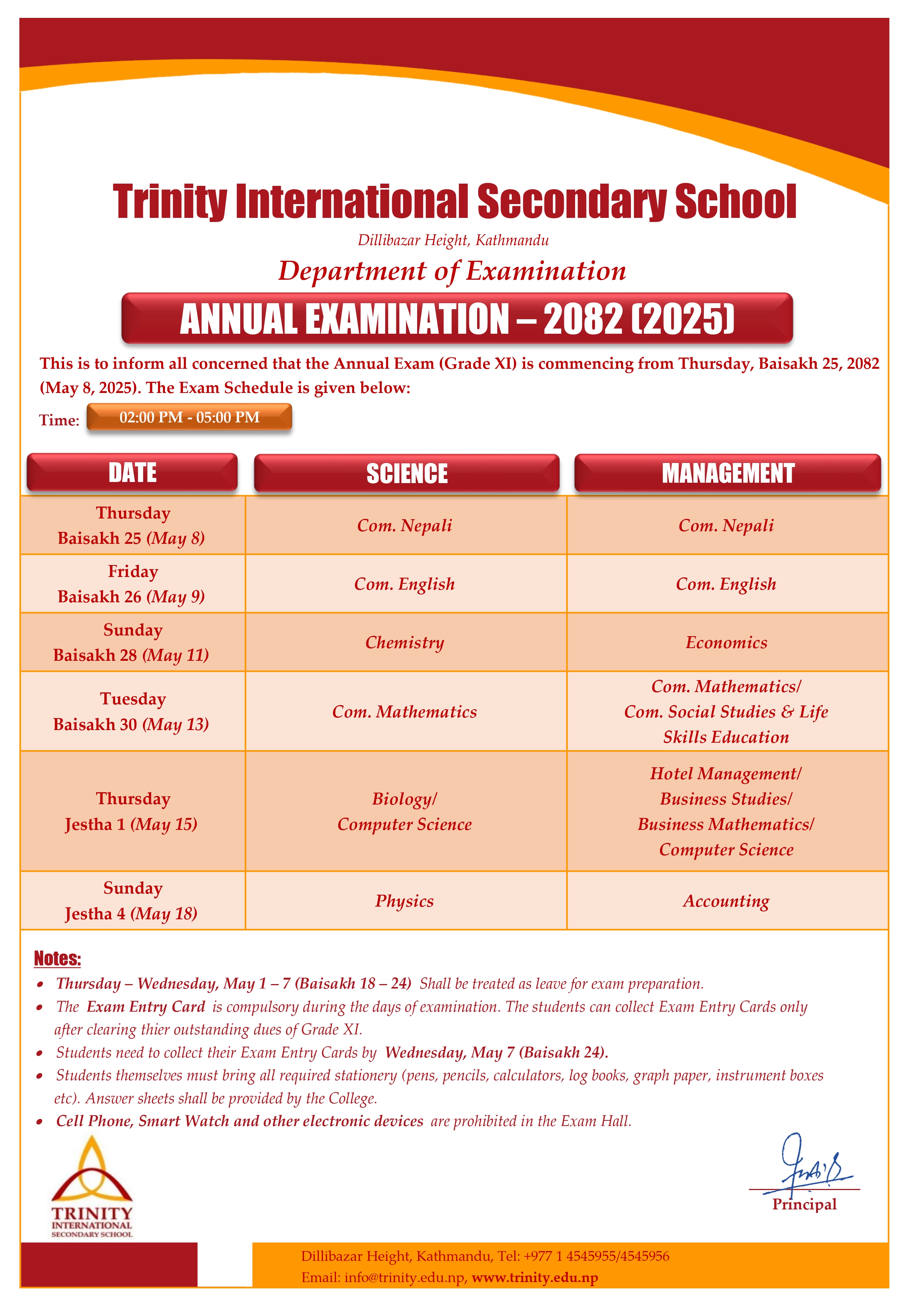 Grade XI Annual Examination Routine – 2082 (2025)
